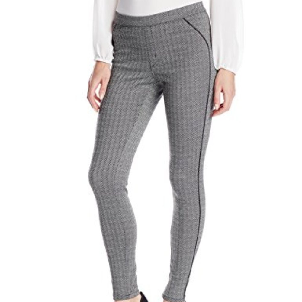 Hue Herringbone Ponte Leggings w/ Leatherette Piping Size Large U14602
